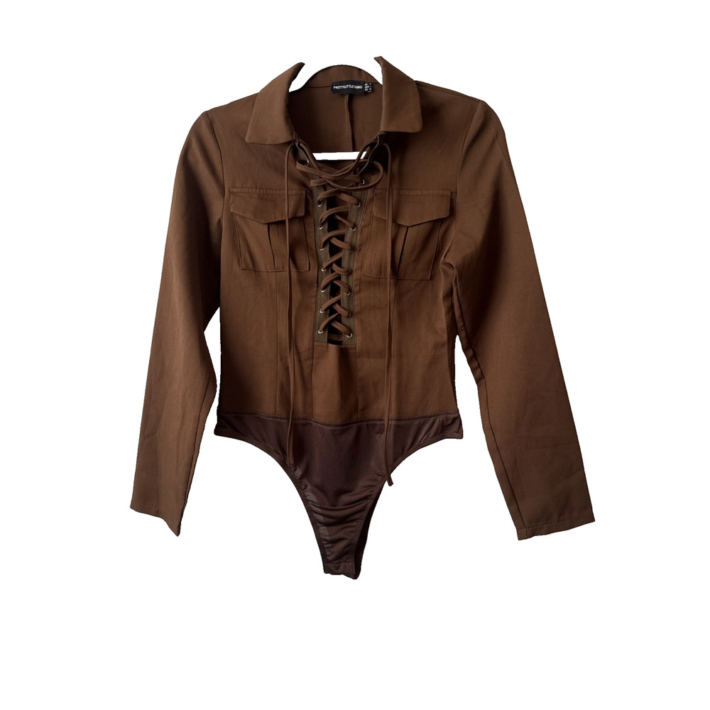 Pretty Little Thing‎ Women’s 4 Boho Chic Collared Lace Up Bodysuit Cheeky Sexy